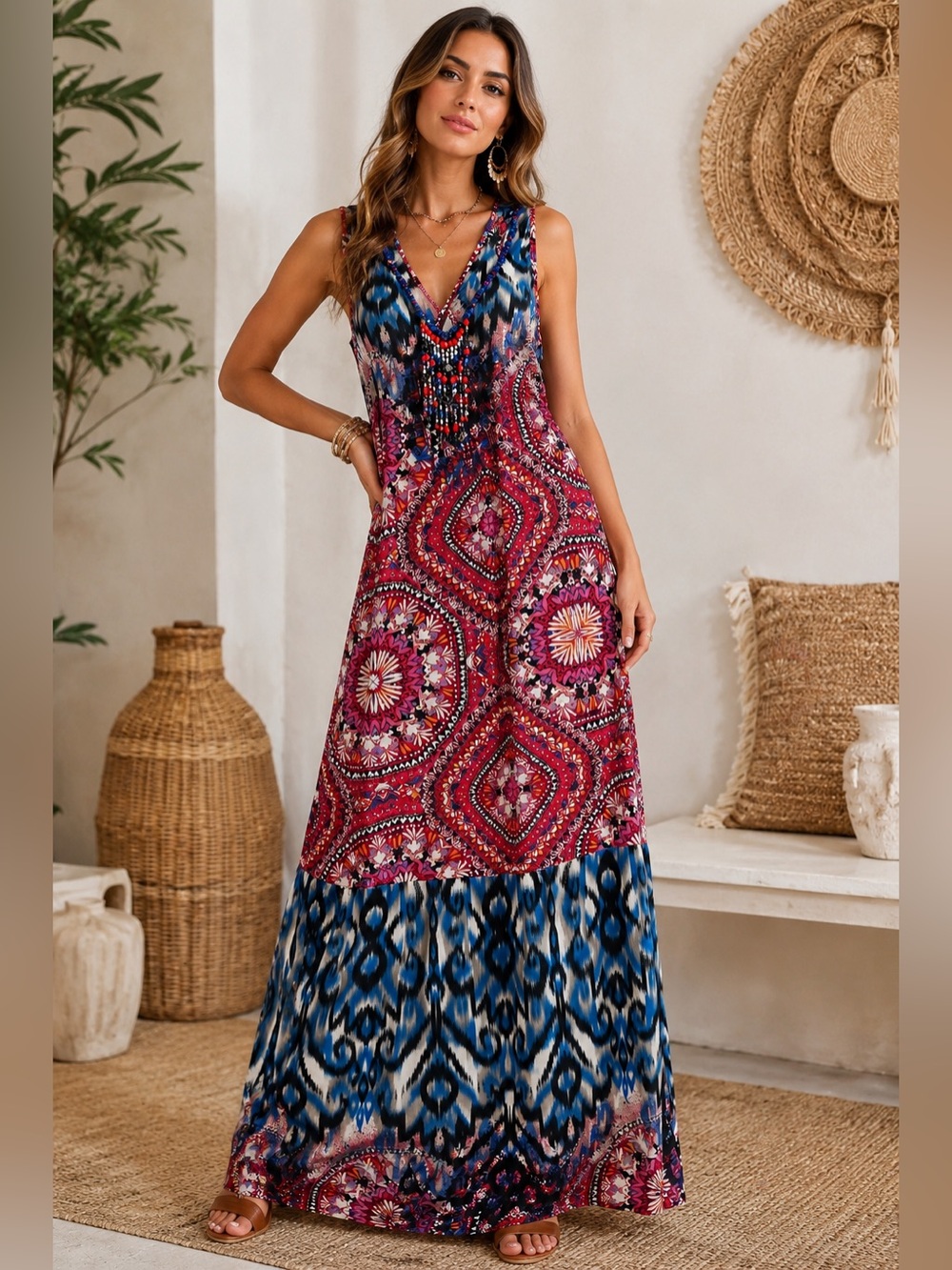 Alberto Makali Beaded Maxi Dress Boho Medallion Ikat Print Sleeveless Resort
